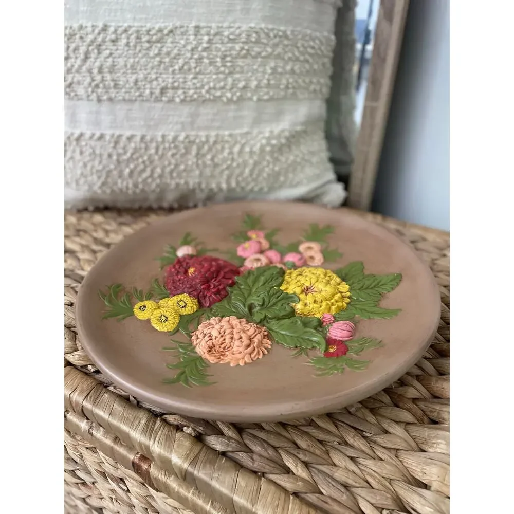 Vintage 70’s Handpainted Chalkware Floral Decorative Plate Cottagecore Farmhouse